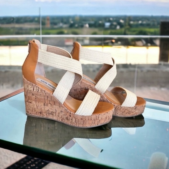 Steve Madden Cork Platform Wedge Sandals.
Canvas and leather. SZ 8 Comfortable - Picture 8 of 17